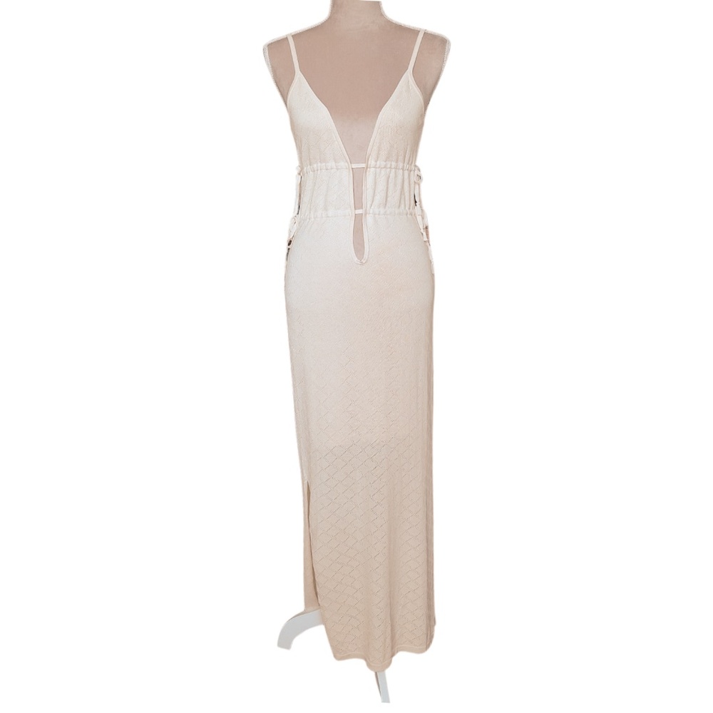 Bobbles & Lace Cutout Maxi Dress Sz S Beige Knit Plunge Neck Coastal Resort Wear
